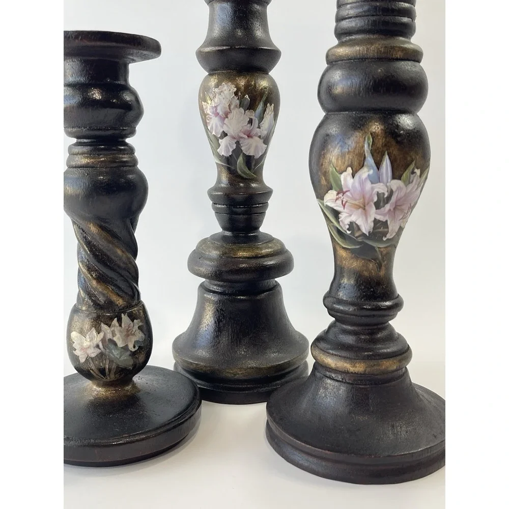 Wooden‎ Candle Holders Decor Dark Finish Floral Accents Set of 3 SEMA 2008